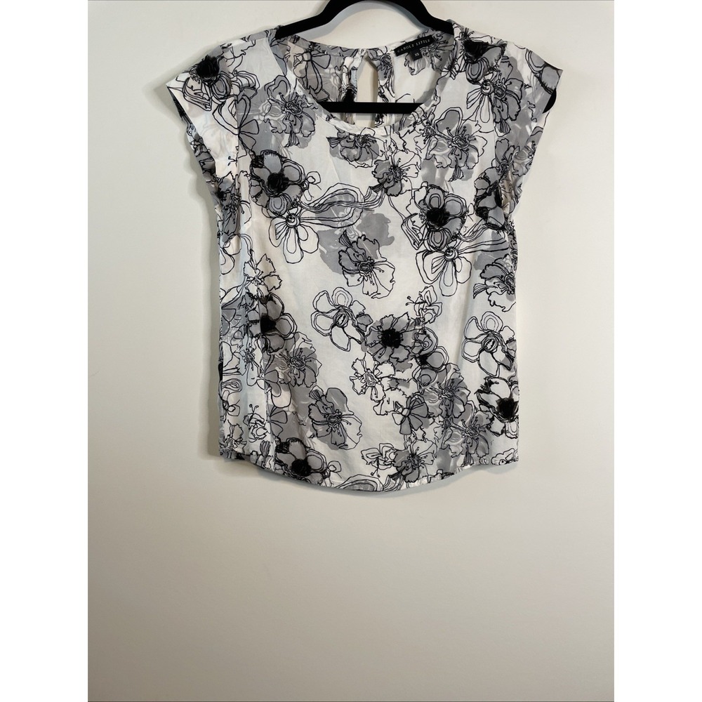 Vintage Carole Little XS Ivory Black Floral Rayon Cap Sleeve Blouse Career Top - Picture 2 of 12